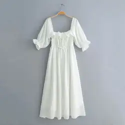 Женское белое пляжное платье с квадратным воротником и длинным рукавом, сексуальное кружевное платье Бохо с открытыми плечами, винтажное
