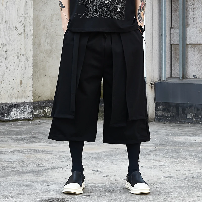 

Male Japan Streetwear Hip Hop Punk Gothic Straight Harem Pant Skirt Trousers Men Fake 2PCS Splice Loose Casual Wide Leg Pants