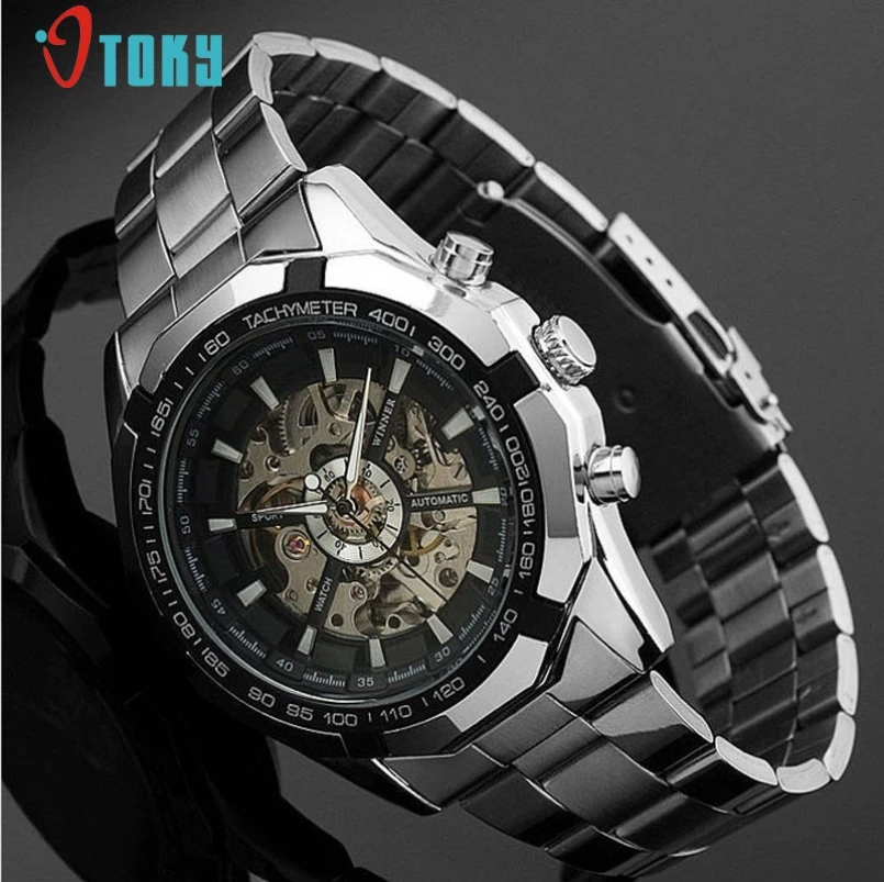

Excellent Quality Luxury Fashion Watch Men Stainless Steel Mens Watches Skeleton Mechanical Hand Wind Hour Relogio Masculino