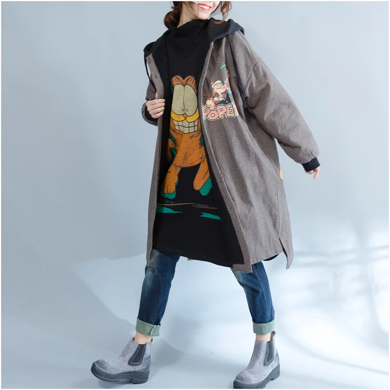 Свободные длинные утепленные хлопковые флисовые толстовки осенне-зимняя куртка женская клетчатая толстовка с капюшоном с рисунком