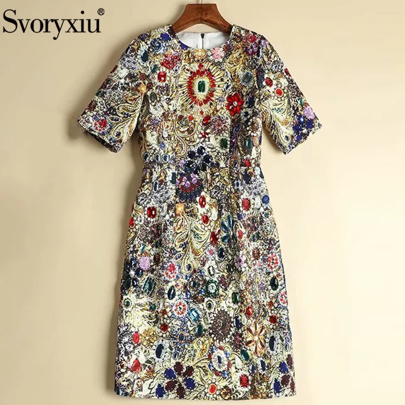 Svoryxiu Runway luxury Crystal Diamond Vintage Dress Women's Fashion Short Sleeve Printed Summer Party Mini Dress Vestdios