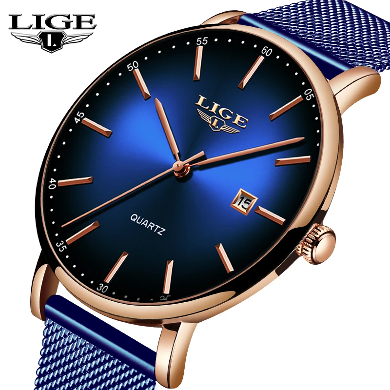 

LIGE Brand Luxury Men's Watch Simple Ultra-Thin Steel Mesh Belt Watch Men's Waterproof Casual Sports Date Watch Men Relogio Mas