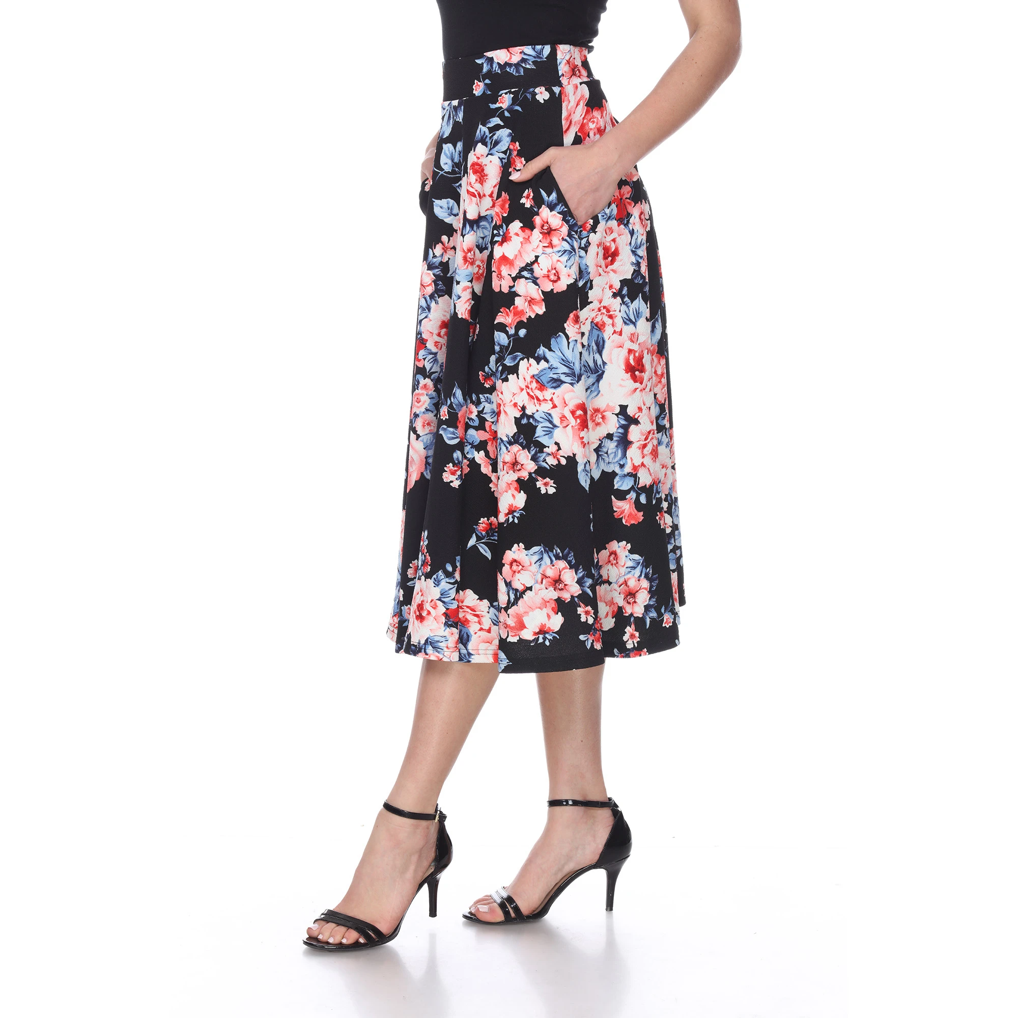 Floral Midi Skirt with Pockets - Black (1)