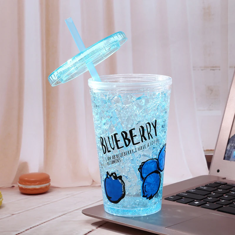 

Plastic Water Ice Bottle Ice Simple Small Fresh Plastic Juice Summer Anti-fall Double Straw Plastic 8 Colors