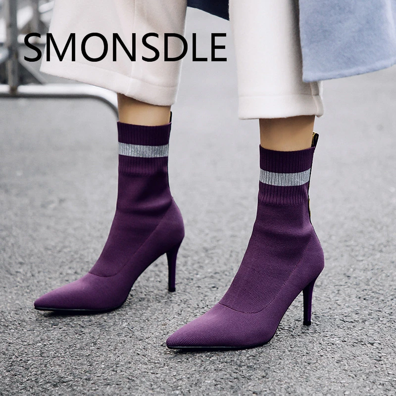 

2018 Fashion Spring Autumn Women Ankle Boots Pointed Toe Slip On Thin High Heels Shoes Woman Black Violet Women Party Boots