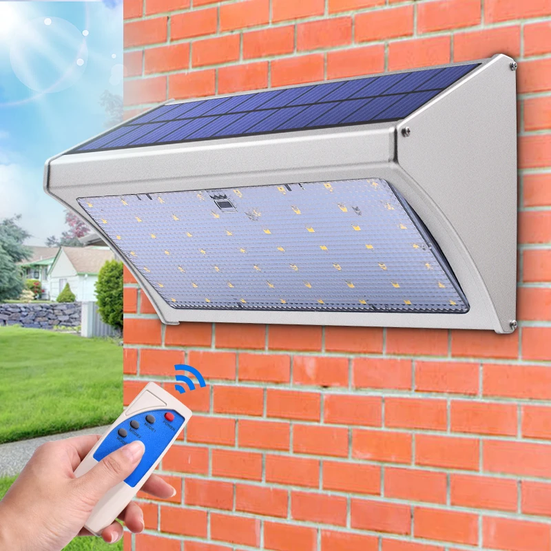

Microwave Radar Motion Sensor Solar Light 56 LED Super Bright 800lm Remote Control Three Modes Outdoor Garden Wall Lamp