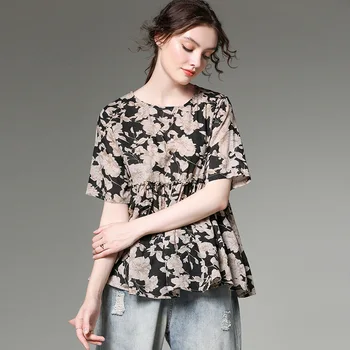 

2019 Summer Cotton linen floral tops round neck short sleeves juniors comfortable loose casual cute Flare tops plus size blouse