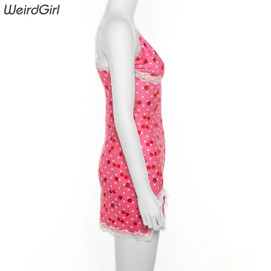 Weirdgirl women lace up cherry dot print sexy dress slip slit cute girl pink vestidos sleeveless v-neck bodycon femme short mini