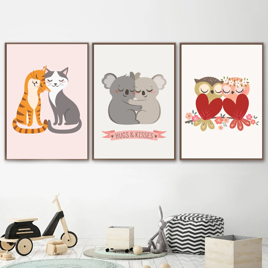 

Hugs Kisses Cat Koala Owl Nordic Poster And Prints Wall Art Canvas Painting Wall Pictures For Kids Baby Boy Girl Room Home Decor