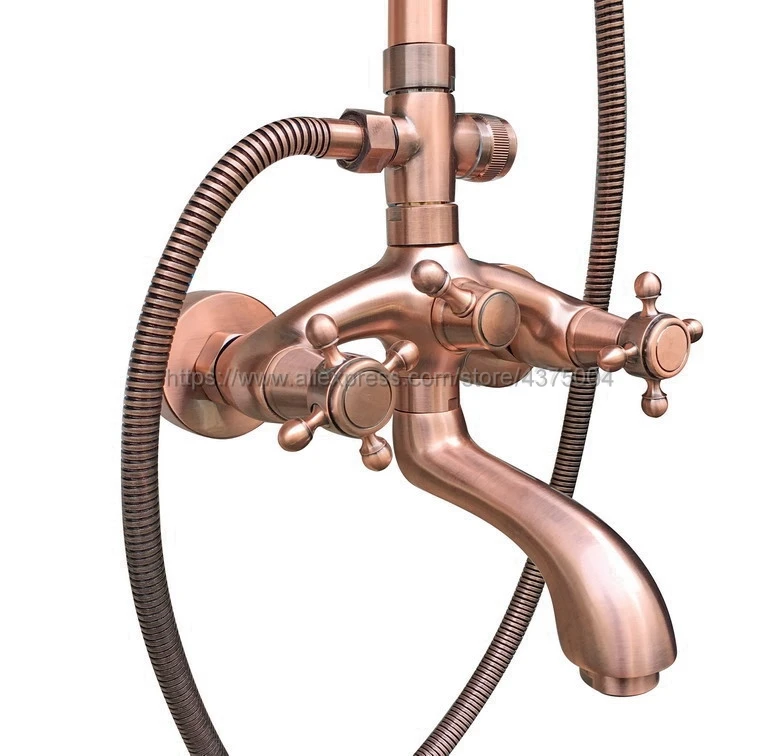 Античный красный медный душевой кран для ванной комнаты, набор двойных крестовых ручек, 8 дюймов, дождевая Душевая система с ванной носиком+ ручной душ Nrg506