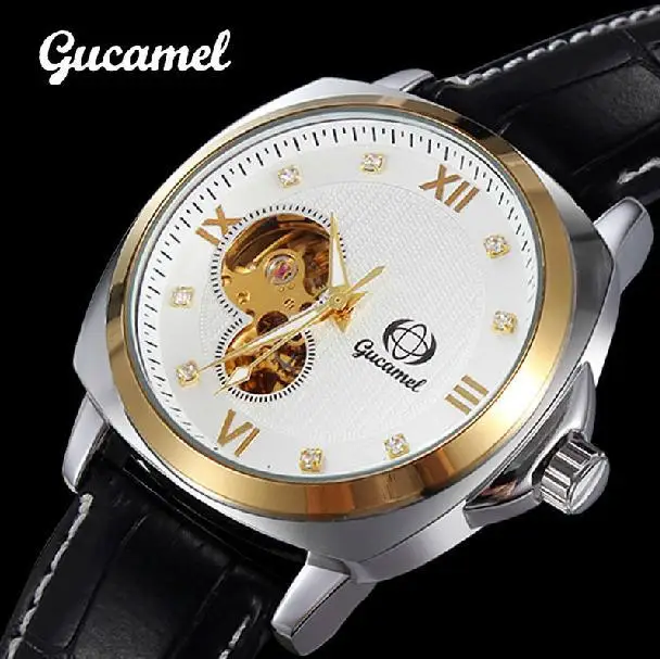 GUCAMEL Fashion Luxury Hollow Mens Watch Genuine Leather Strap Perspective Cover Waterproof Male Wristwatch Roman Numerals Clock (6)