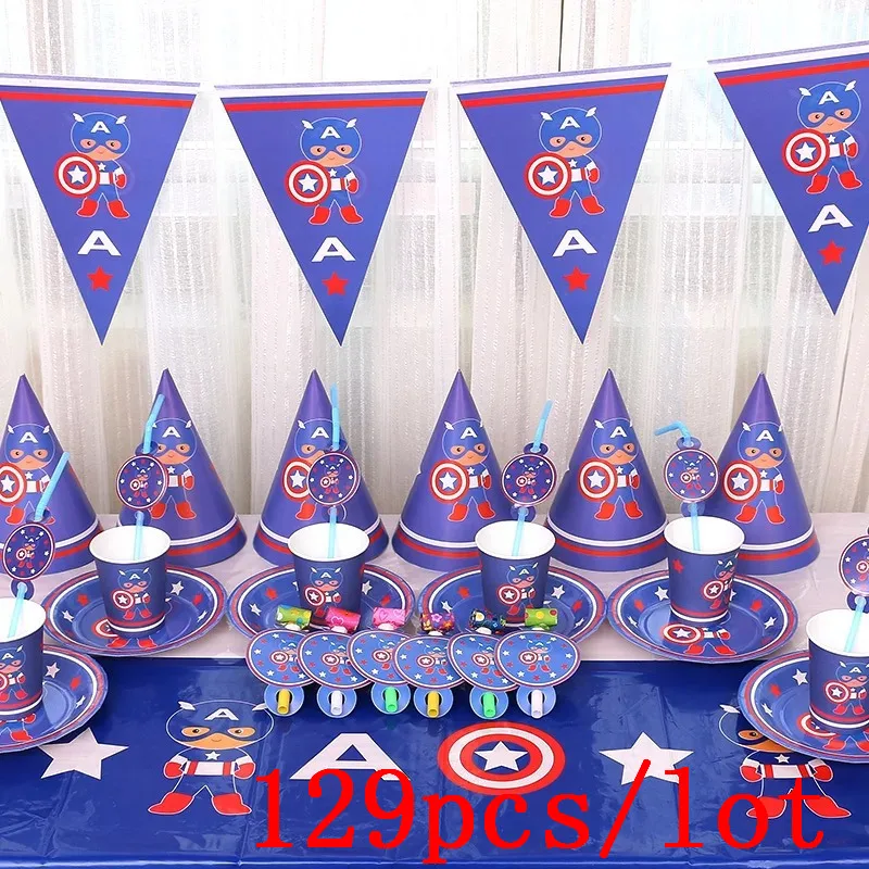 

129Pcs Captain America Marvel Theme Paper Cup Plate Straw Wedding Napkin Kid Birthday Party Gift Bag Blowout Decoration Supply