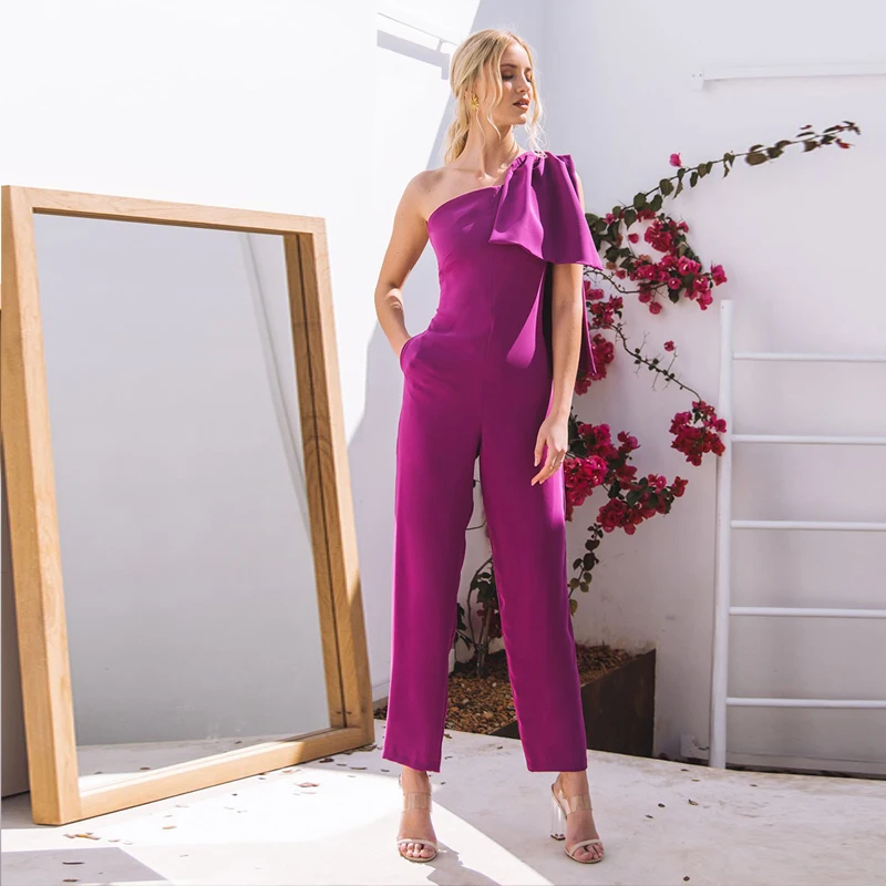 

Purple jumpsuit One-shoulder asymmetric bow decoration simple and simple jumpsuit Nine pants Stylish elegant unique design sexy