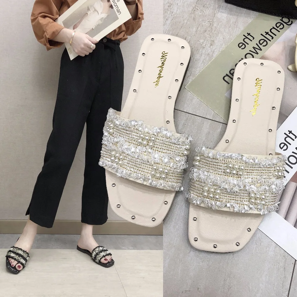 

2019 Fashion Women Beach Slippers Rivet Beads Slides Summer Shoes Flat Sandals Outside Shoes Female Casual Shoes Zapatos Mujer