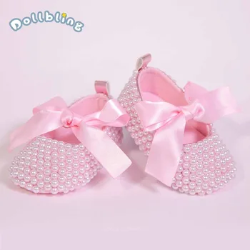 

Blush Pink Custom Handmade Boutique Lace up Noble Pearls Ribbon Bow Soft Sole Princess Baby Girls Infant First Walker