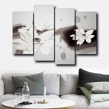 

Laeacco 4 Panel Abstract Wall Artworkwork Ink Lotus Flower Posters and Prints Canvas Painting Nordic Home Living Room Decoration