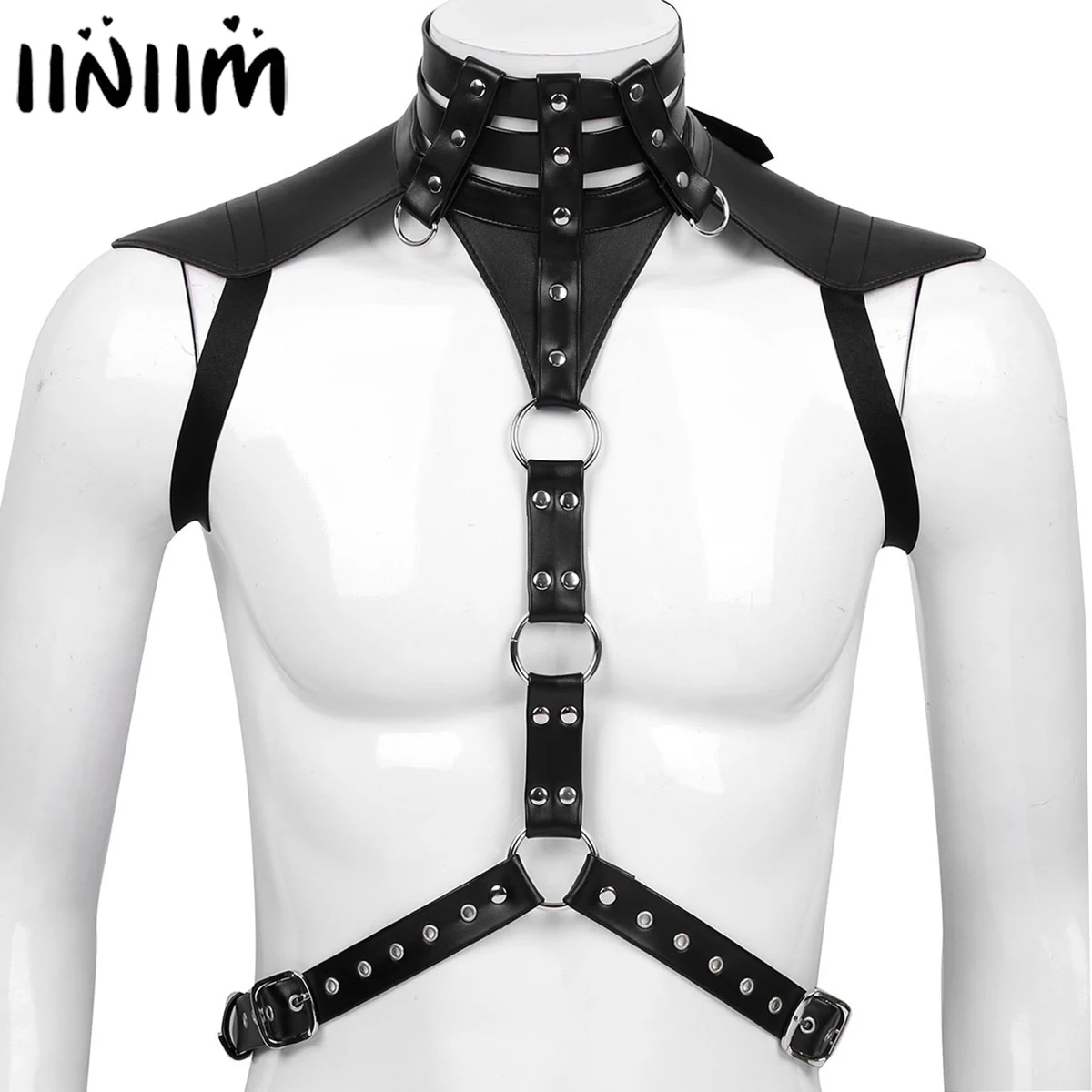 

iiniim Mens Male Body Chest Harness Belt Faux Leather Halter Neck Buckles with O-rings Fancy Costume Well-muscled Sexy Clubwear