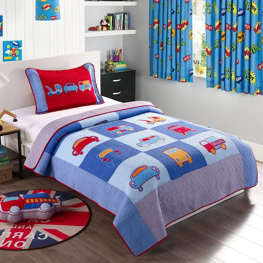 Kids Embroidered Car Quilt Set 2pcs Quilted Bedspread Bed Covers