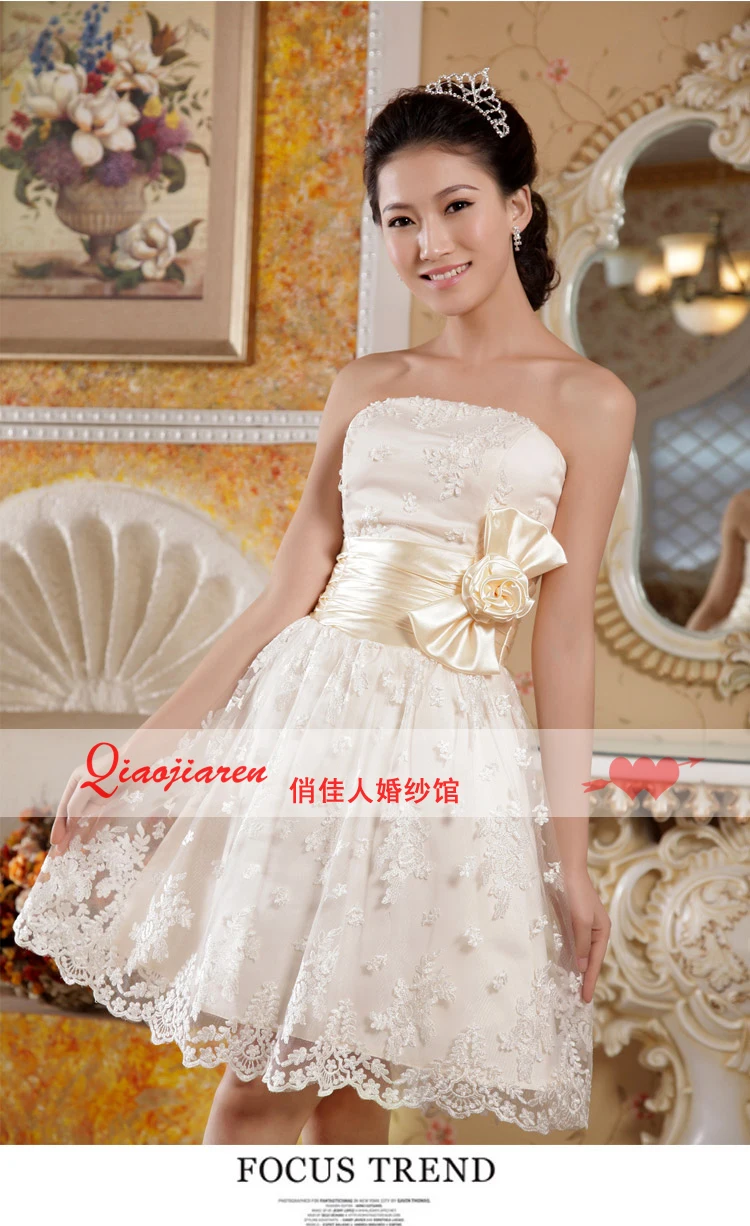 free shipping 2014 hot sale really new arrival fashion sweet champagne lace tube top short design handmade bow bridesmaid dress