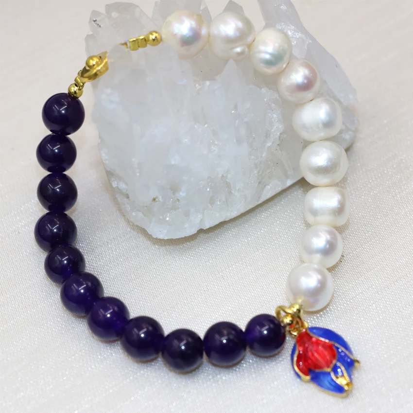 

Original design 9-10mm natural white pearl purple jades round beads strand bracelets for women cloisonne jewelry 7.5inch B2988