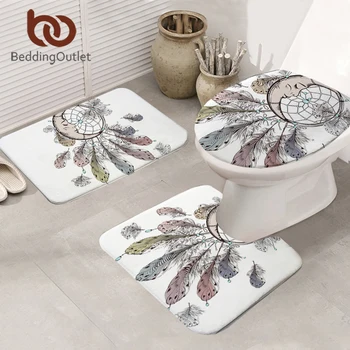 

BeddingOutlet Moon Dreamcatcher Bathroom Mat 3-Piece Non-slip White Mat Set Boho Feathers Toilet Cover Absorbent Decorative Rug