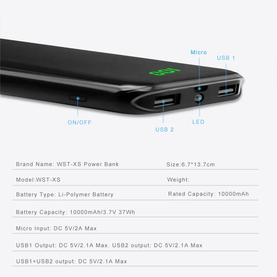 WST Slim LED Real Power Bank 10000mAh 10000 PoverBank Battery Pack Mobile External Battery For Xiaomi Samsung Phone Powerbank (12)
