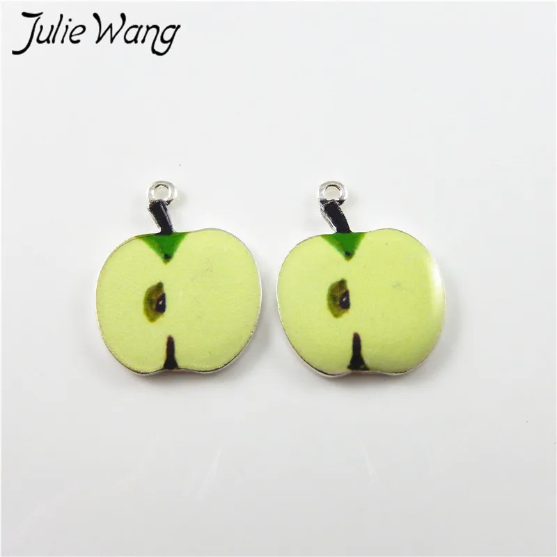 Julie Wang 10pcs Green Apple Kiwi Orange Strawberry Cute Fruit Shape Enamel Alloy Little Charms Women Jewelry Findings Hot Sale - Окраска металла: 1