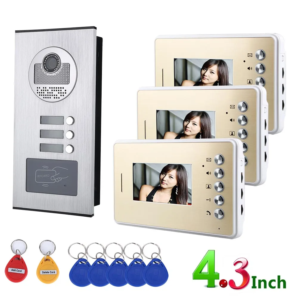 Video Intercom Systems 3 apartments 4.3inch Video Door Phone System RFID IR-CUT HD 1000TVL Doorbell Camera Video Intercom Systems 3 apartments 4.3inch Video Door Phone System RFID IR-CUT HD 1000TVL Doorbell Camera