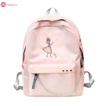 

4 Candy Colors Cartoon Girl Embroidery Backpacks Women Girls Nylon Travel Chain Preppy Style Student Rucksack Mochila Feminina