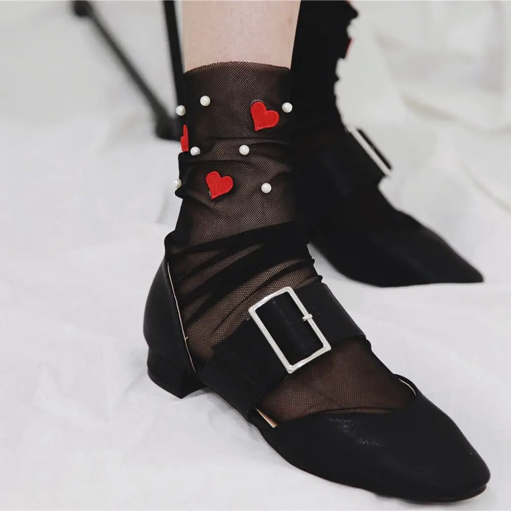 

1Pair Fashion Summer Spring Women Girls Rose Heart Embroider Pearl Ruffle Mesh Ankle Fishnet Net Hosiery Sock