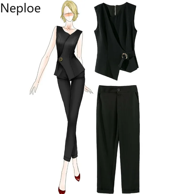 

Neploe Women Two Piece Outfits Irregular Collar Sleeveless Sashes Tank + Button Fly Long Pants Fashion Suits 43753