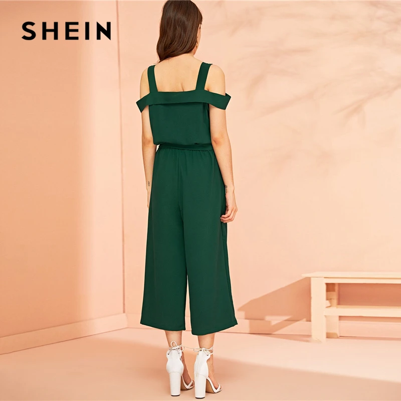 SHEIN зеленый на пуговицах спереди поясом широкие ноги обрезанный комбинезон для женщин Лето одноцветное на бретелях с открытыми плечами средней талией Элегантные Комбинезоны