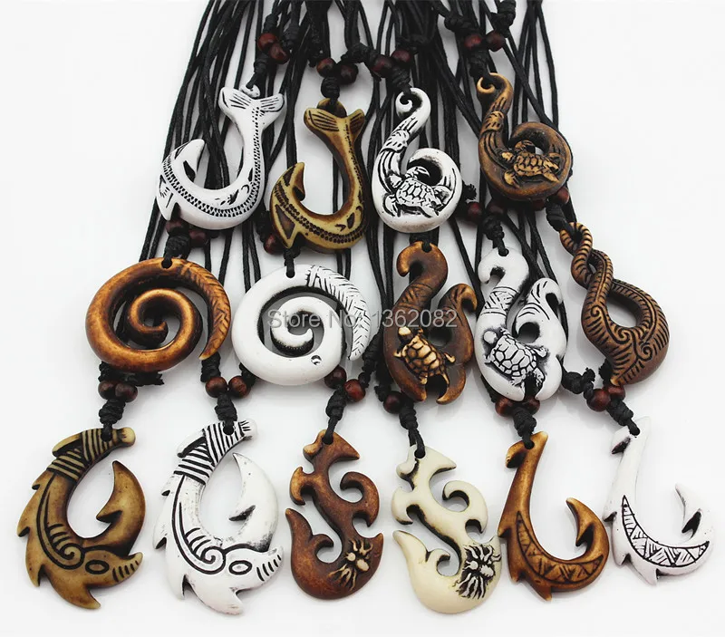 

Wholesale lot 15pcs Mixed Hawaiian Jewelry Imitation Bone Carved NZ Maori Fish Hook Pendant Necklace Choker Amulet Gift MN542