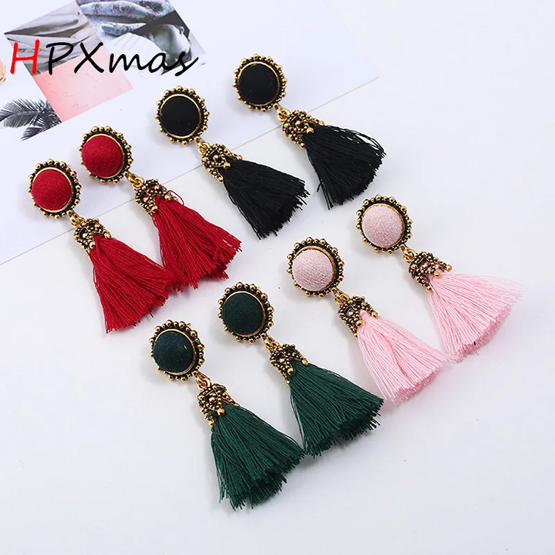 

HPXmas Trendy Bohemian Tassel Drop Dangle Copper Stone Button Pink Red Black Long Earrings Women Jewelry Gift C35