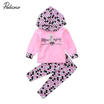 

Casual Full Sleeve Spring Stock Mermaid 2pcs Clothes Newborn Baby Girl Hooded Tops Leggings Outfits Set