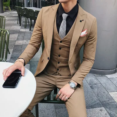 

2019 Men Suits for Wedding 3 Pieces Latest Coat Design Slim Mens Suits with Pants Vest Formal Tuxedo Khaki Ternos Costume Homme