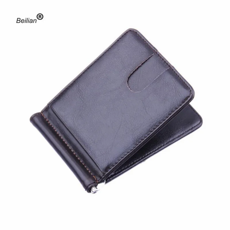Top Quality Wallet Men Money Clip Mini Wallets Male Vintage Crazy Horse Genuine Leather Purse Leather Card Holers with Clamp - Цвет: coffee