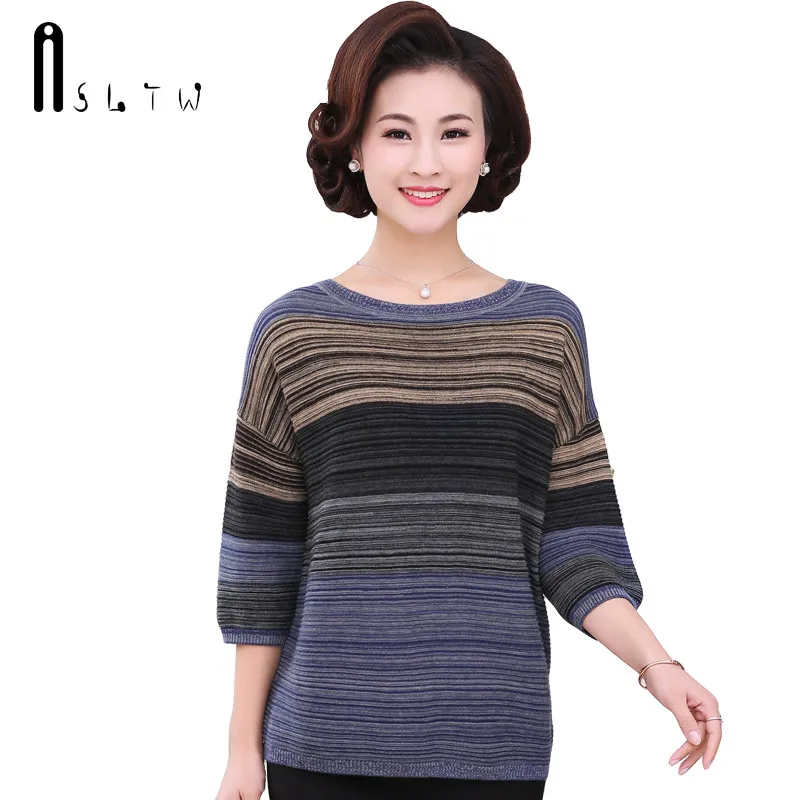 

ASLTW Sweater Women Causal Striped Half Sleeve Knitwear Loose Women Sweaters Stitching Color Harajuku Pull Femme Pullover