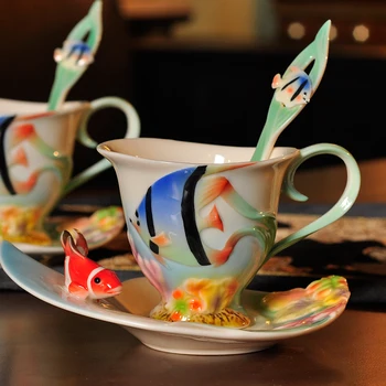

3D Clown fish Color Enamel Coffee Cups Bona China Ceramic Cup with spoon saucer Breakfast Milk Drinkware Classical Tea Set Gift