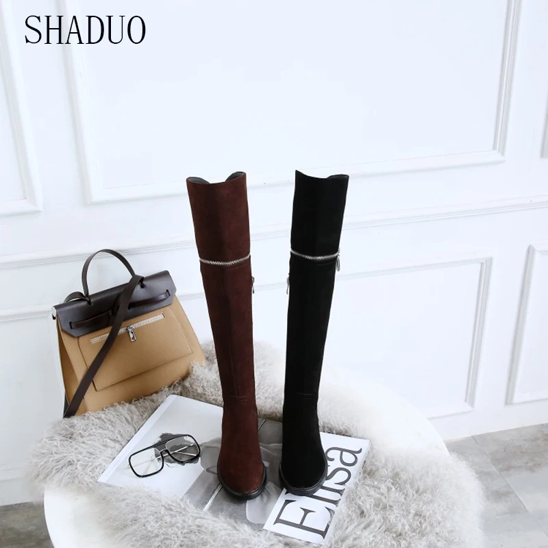 

2018 shaduo winter new leather zipper stitching high boots comfortable non-slip flat-bottomed pointed boots knight boots