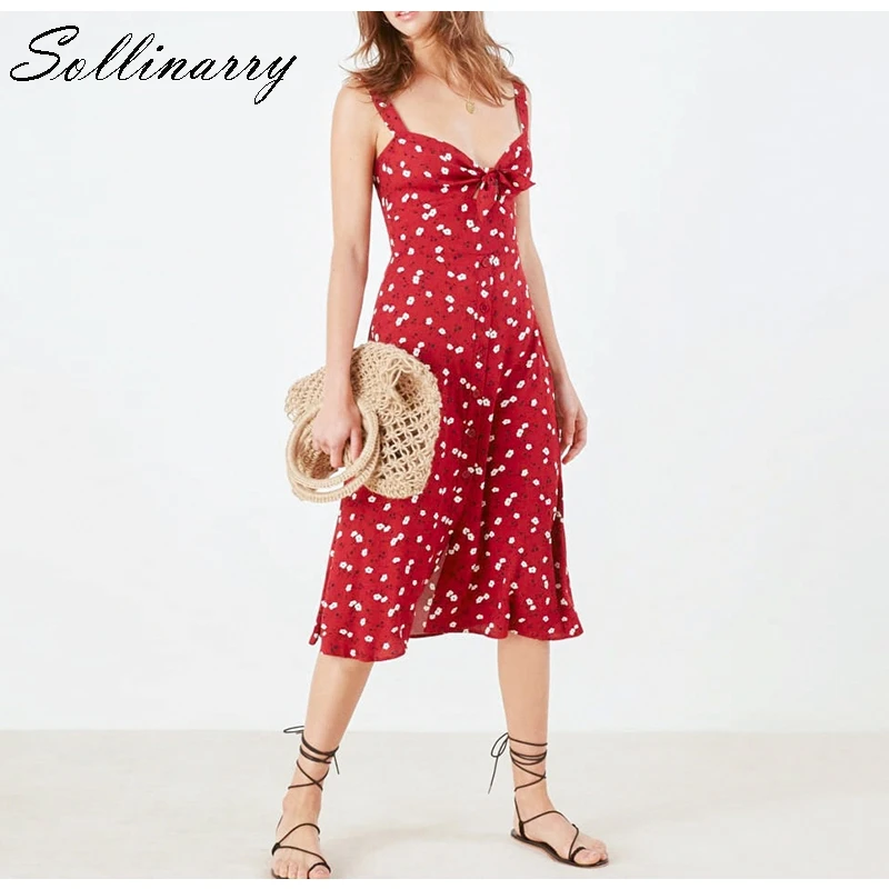 Sollinarry Floral Print Sexy Mid Summer Dress Women Buttons Beach Red