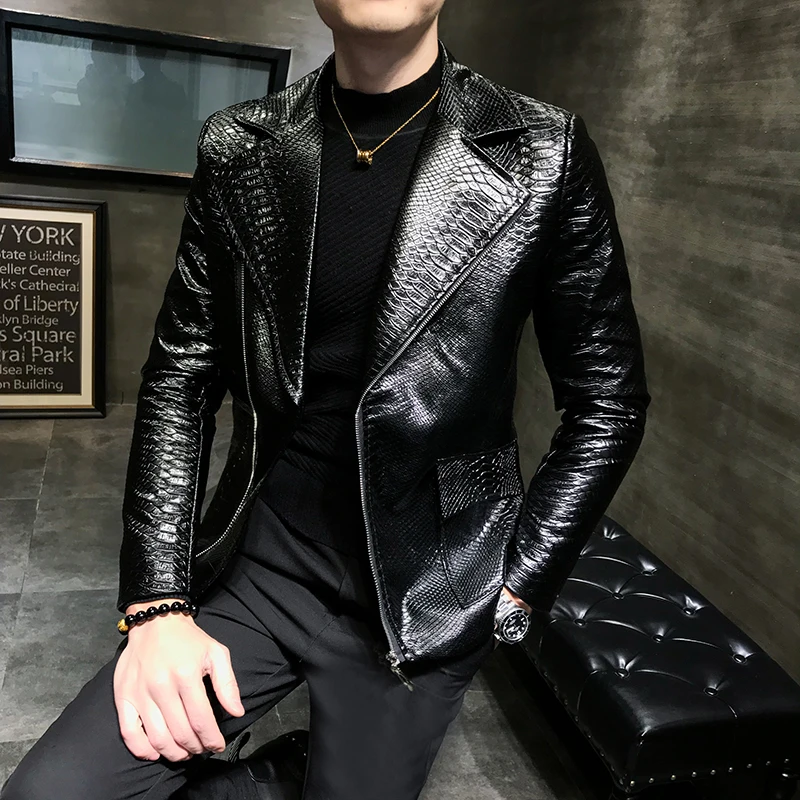 

2019 Handsome Suit CollarLeisure Zipper Faux Leather Jackets Men Clothing Turn Down Collar Imitation Alligator Loose Male Coat