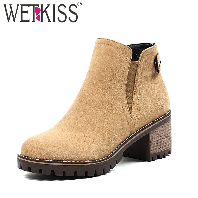 

WETKISS Thick High Heels Women Ankle Boots Square Heels Round Toe Boot 2018 New Rubber Lady Shoes Winter Warm Solid Zip Footwear