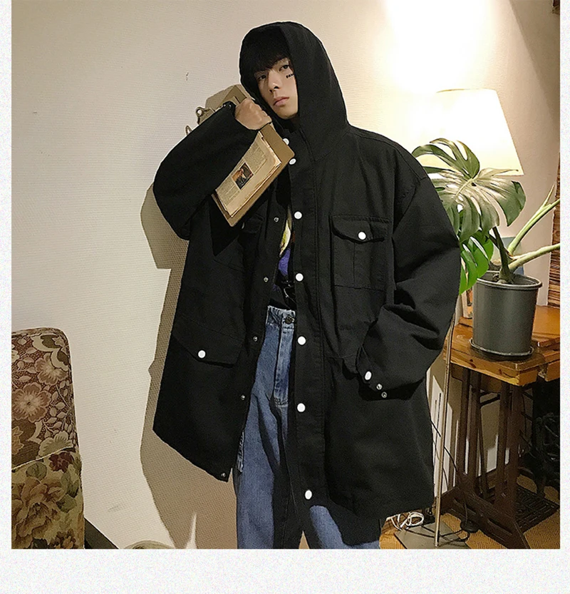 Mens Long Hooded Trench Coat Casual Spring Windbreaker Coat Men Korean Overcoat Hip Hop   (6)