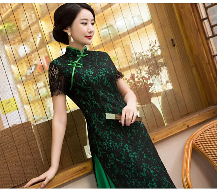 Осень Новый стиль тонкий кружевное платье cheongsam Китай Корея Япония Таиланд дамы Национальный Стиль кимоно воротник-стойка формальных Qipao