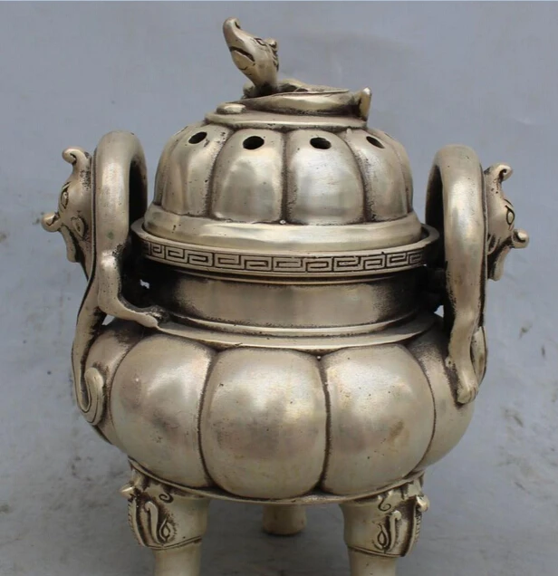 

8"Marked Chinese FengShui Silver Dragon Beast PiXiu Incense Burner Censer Statue S0706 B0403