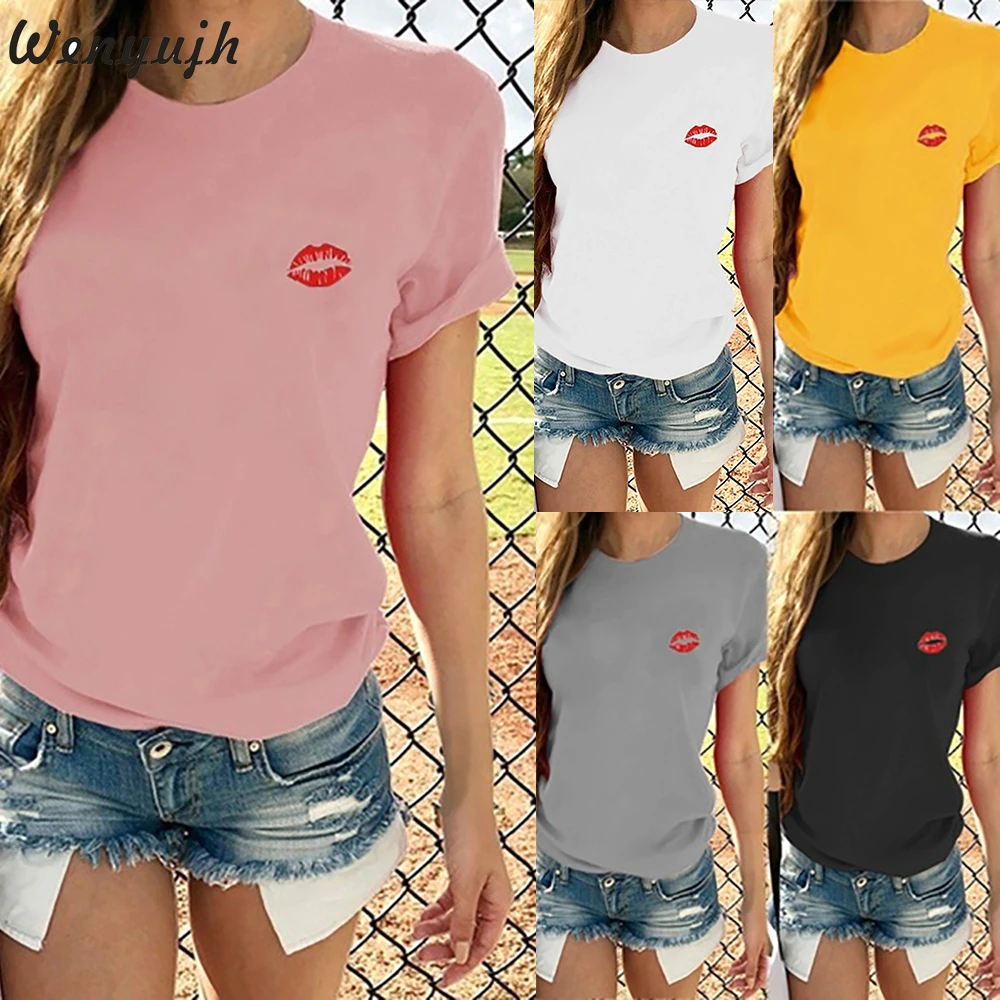 

Wenyujh Women Fashion O-neck Short Sleeve Solid Color T-shirts New Summer Lip Print Loose Slim Fit Comfortable Casual T-Shirts