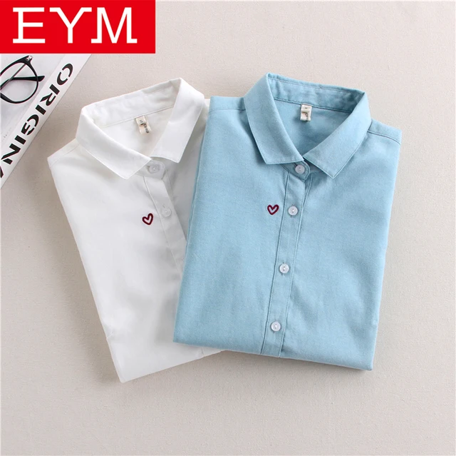 US $8.42 Brand Embroidery Women Blouses 2019 New Spring Women Long Sleeve Blouse Cotton Oxford Casual White