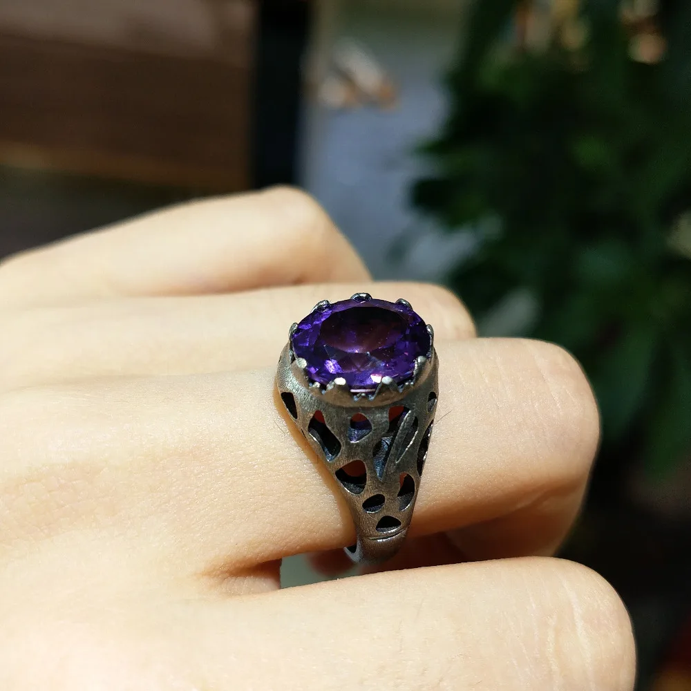 

FLZB, Rock lucky big man ring 925 sterling silver ring with natural amethyst gemstone ov 10*12mm black huge cool hiphop ring