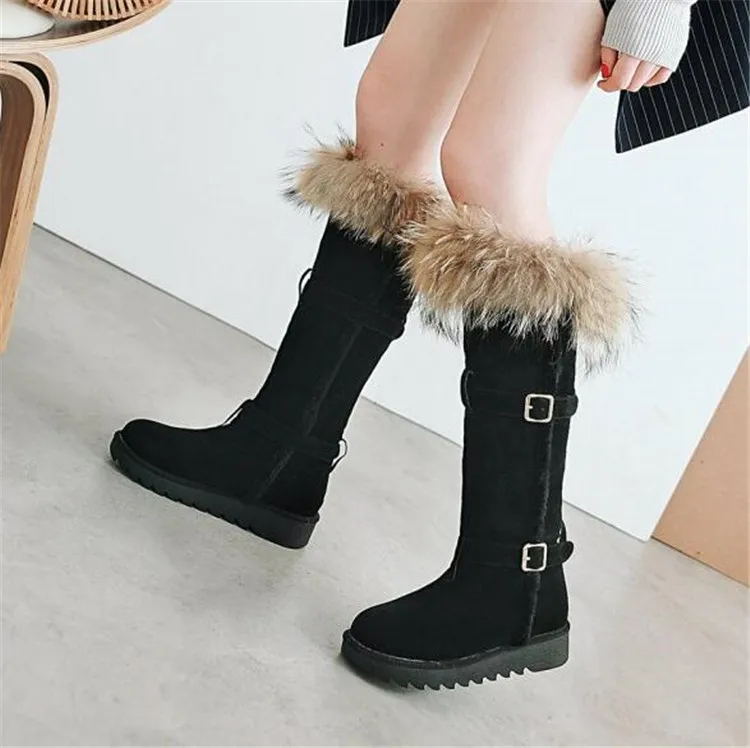 Plana Femeninos Comodidad Plataforma Botas 2018 Invierno Larga Zapatos Caliente Conejo Pxelena Decoración Nieve Rodilla Beige negro Lujo Piel Mujeres De Nuevo CxwwqWOTU